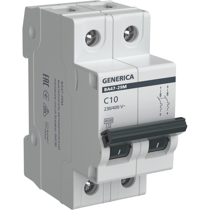 Автоматический выключатель IEK GENERICA ВА47-29М 2P 10А 4,5кА C MVA21-2-010-C-G